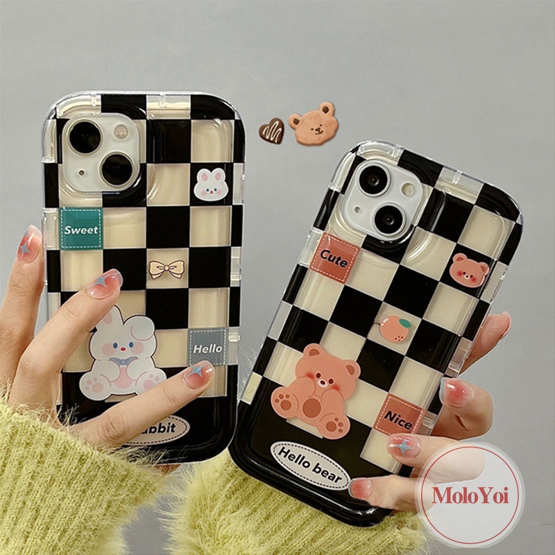 IPHONE Casing Pasangan Kotak-Kotak Case Kompatibel Untuk Iphone11 14 13 12 Pro MAX 7Plus 8Plus XR 78 6 6S Plus X XS MAX Beruang Lucu Kelinci Shockproof Airbag Lembut TPU Lovers Phone Case