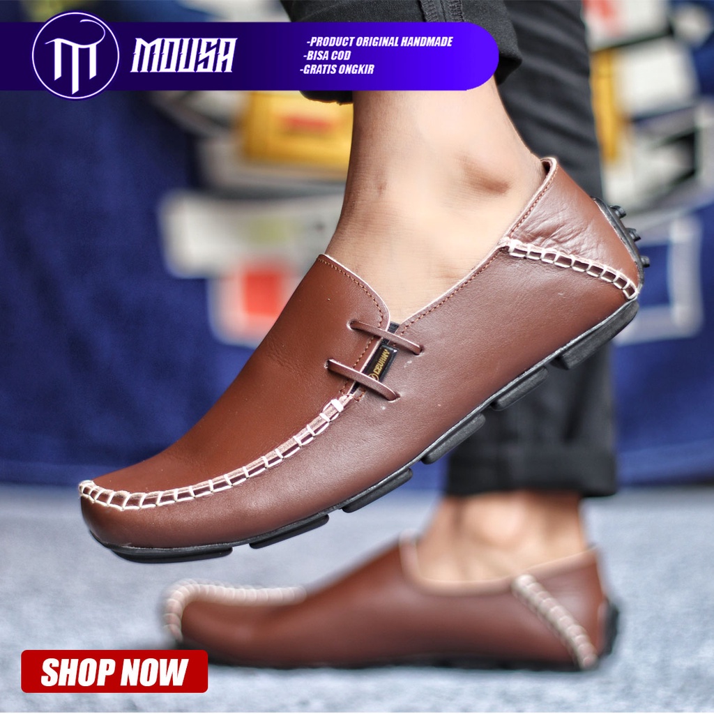 Sepatu Slip On Formal Pantofel Kulit Asli Kerja Pria Hitam Mousa Moclea