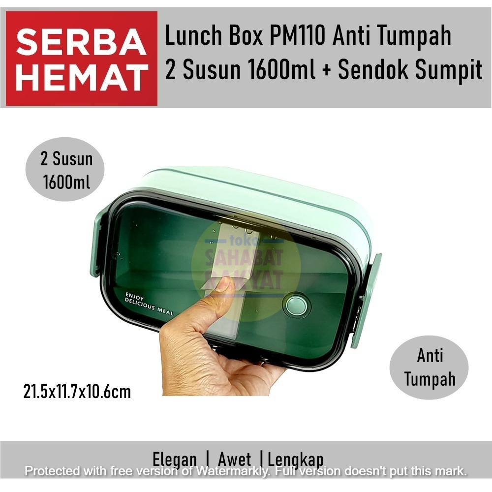 Lunch Box PM110 Anti Tumpah 2 Tingkat 1600ml + Sendok Sumpit (Model Ecentio)