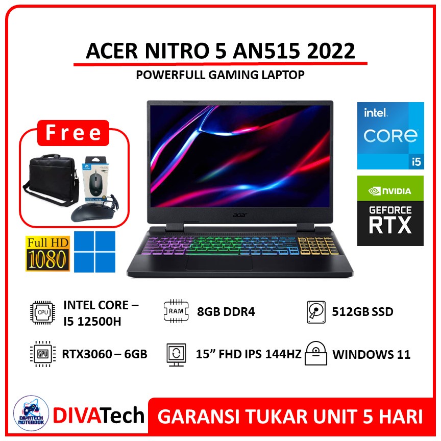 Acer Nitro 5 AN515 RTX3060 i5 12500H Max RAM 32GB 512GB SSD FHD IPS 144Hz