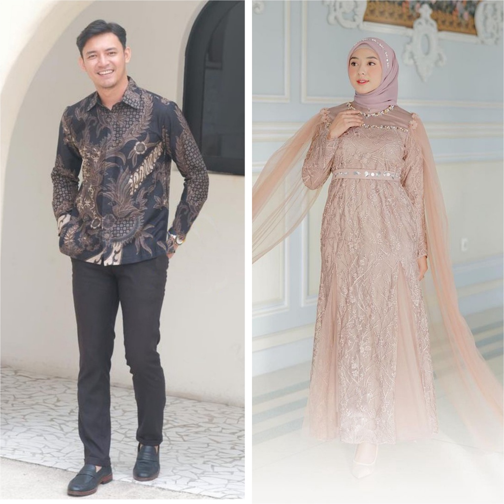 SHOPASHOP SOLO Batik Couple New Dress Raya Fateema &amp; Kemeja Batik Lengan Panjang M L XL