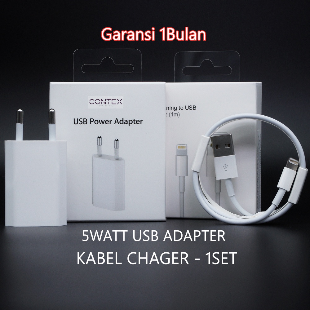 Kabel Charger USB Adapter + USB - Lightning Kabel Data 1Meter / 2Meter 1Pakai 1Set