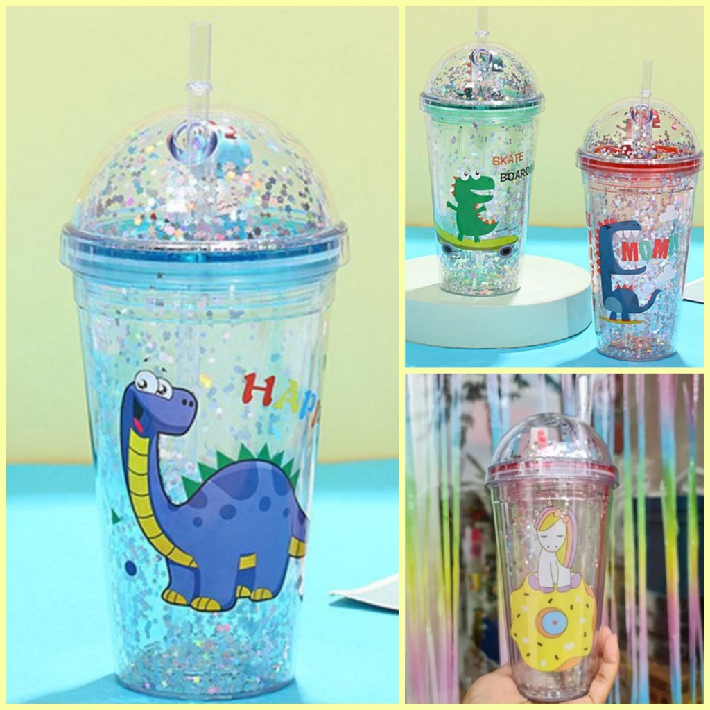 Botol Tumbler Gel Glitter Anak Karakter Hewan Lucu 3D Unicorn Dino Ada Sedotan