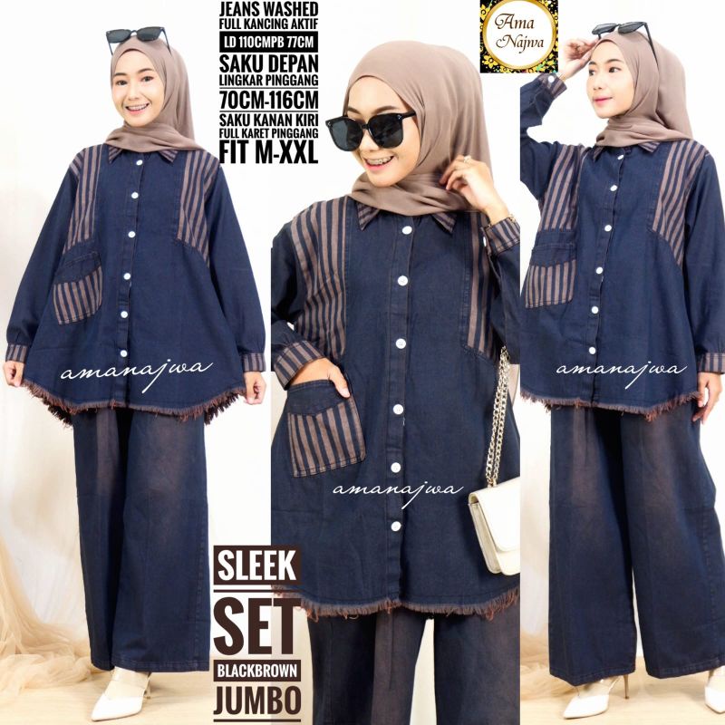 One Set Setelan Jeans Wanita Terbaru Sleek Set Kulot Jumbo Fit M-XXL