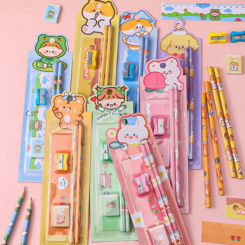 

H 827 5in1 Alat Tulis Sekolah Lengkap 1 Set Pensil Set Alat Tulis Penghapus Anak Kartun Stationery Set