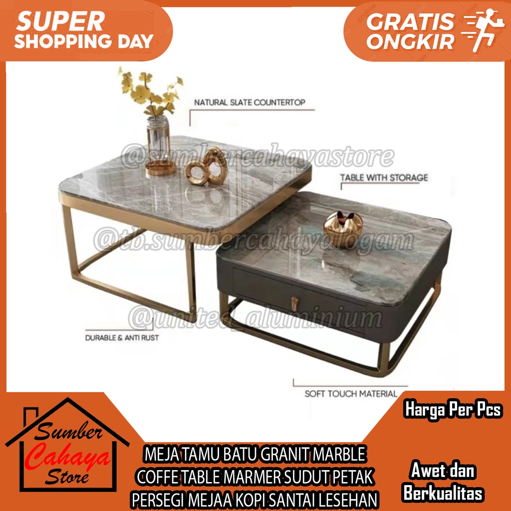 MEJA TAMU BATU GRANIT MARBLE COFFE TABLE MARMER SUDUT PETAK PERSEGI KOPI SANTAI LESEHAN SOFA SOPA SO