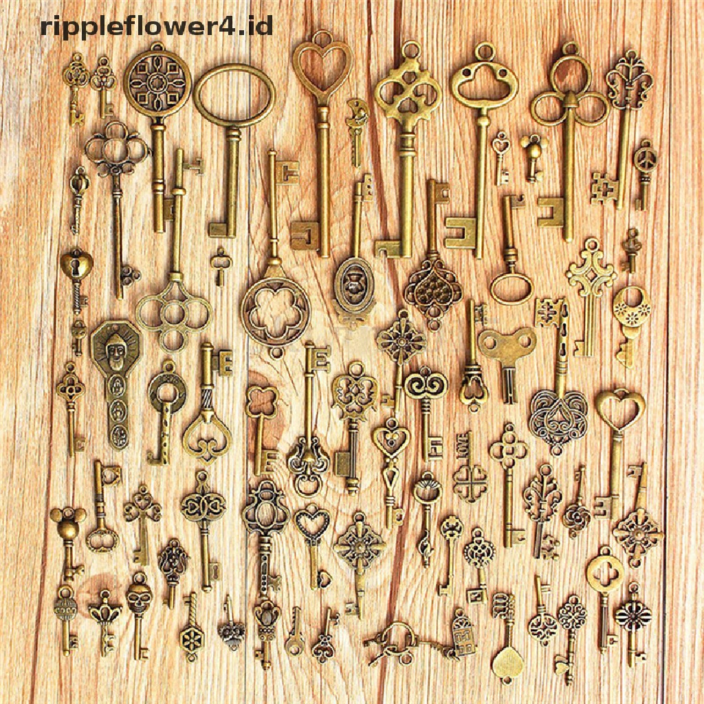 {rippleflower4.id} Set Isi 70pcs Kunci Kerangka Perunggu Antik Vintage Old Look Fancy Heart Bow Pendant~