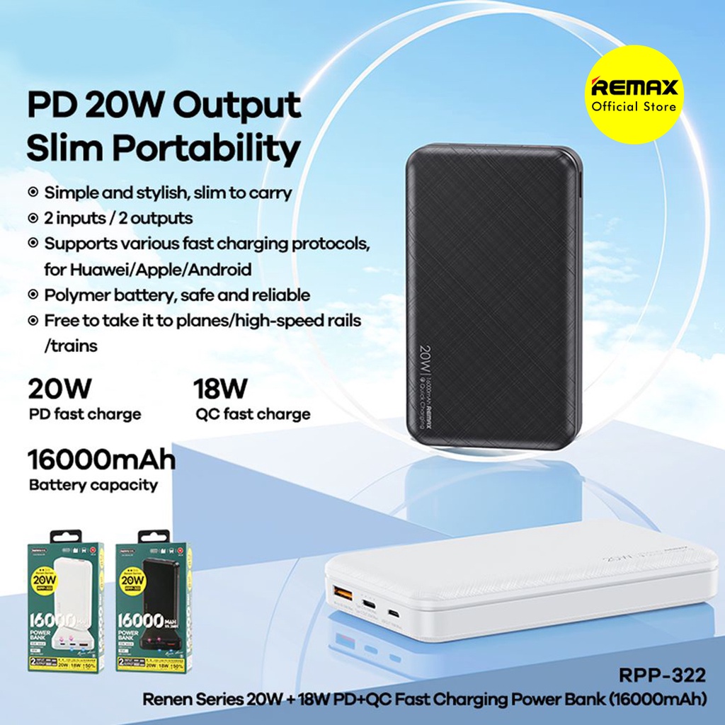 Power Bank Remax Renen 16000mAh Fast Charging PD+QC 20W+18W Dual Port RPP-322