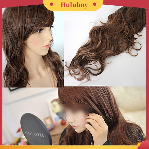 Wig Rambut Panjang Keriting Gelombang Dengan Poni Samping Untuk Wanita