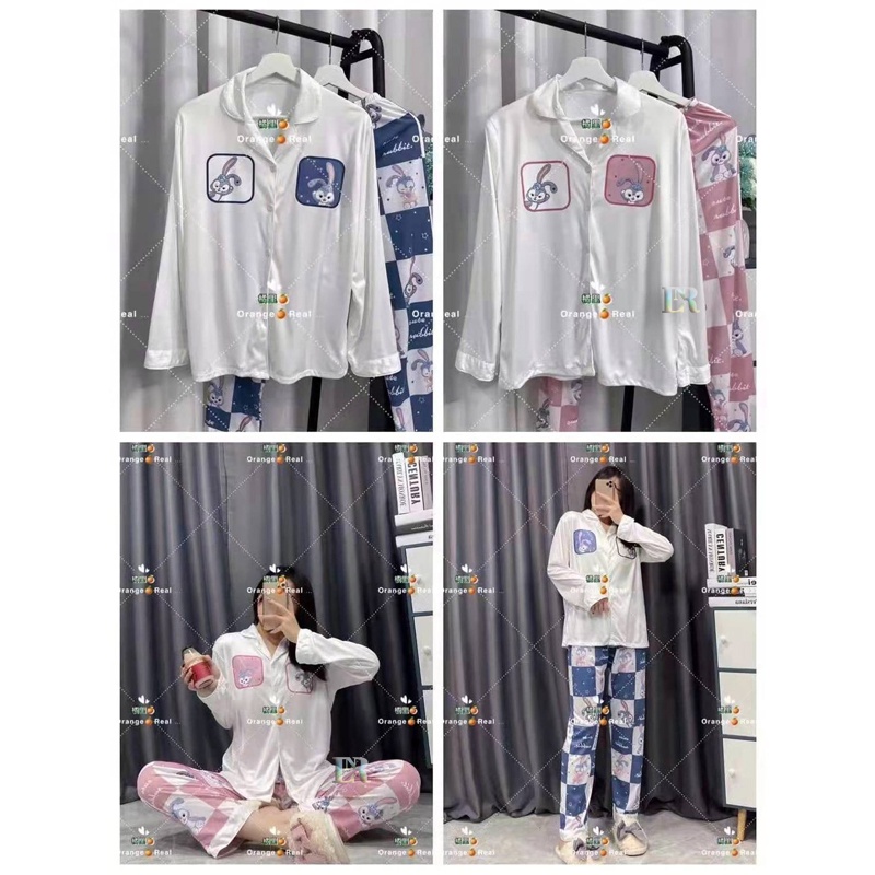 LNR Shop Set Piyama Pajamas Lengan Panjang Wanita 2 Potong Bahan Premium Import Motif Stella Lou Baju Tidur Dewasa Perempuan Full Kancing Busui Friendly Kerah V Baju Santai All Size M-XXL