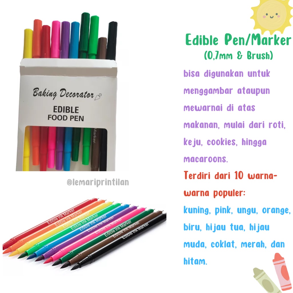 

LP HIASAN BEKAL EDIBLE FOOD PEN MARKER BAKING DECORATOR COLOR PENS DUAL TIP BRUSH & 0.7MM WHITE SIAP