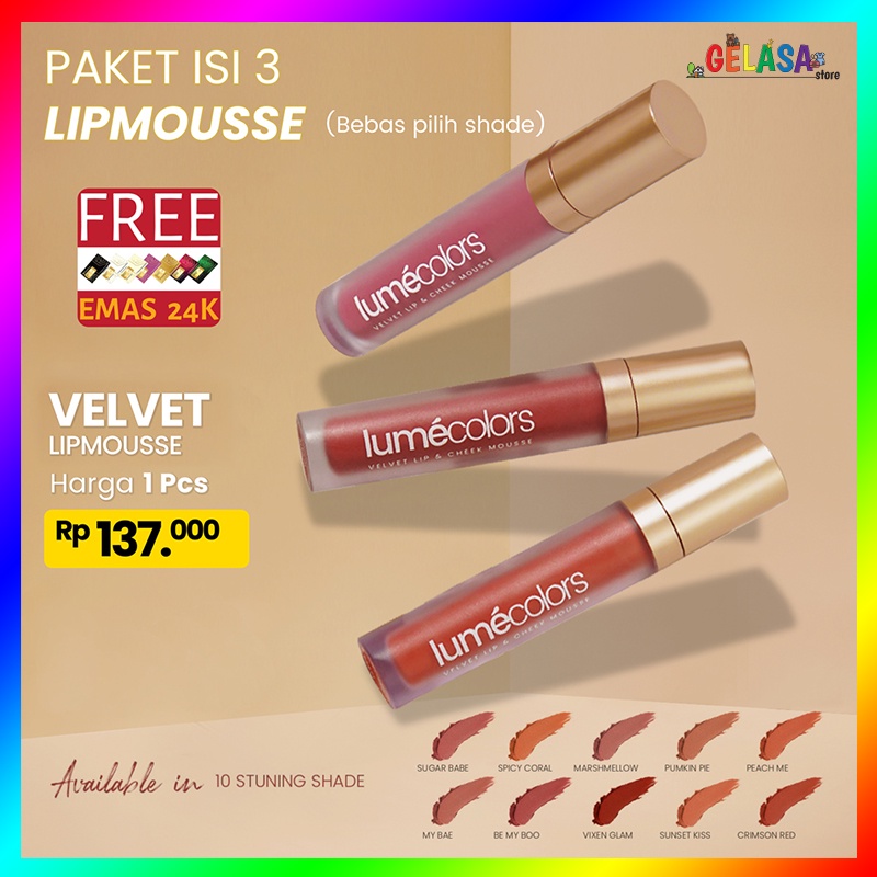 (Free Emas) Lumecolors Paket Bundling 3pcs Lipmousse 3IN1 BPOM (bebas pilih warna)