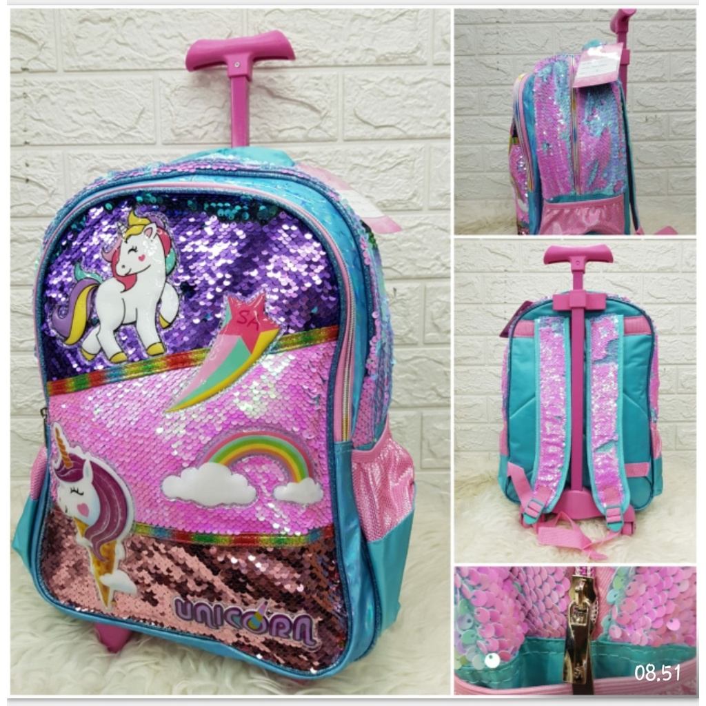 Tas Sekolah Troli Anak SD dan TK Tas Trolley Sequin Motif Unicorn dan LOL Tas Koper Dorong Anak Perempuan