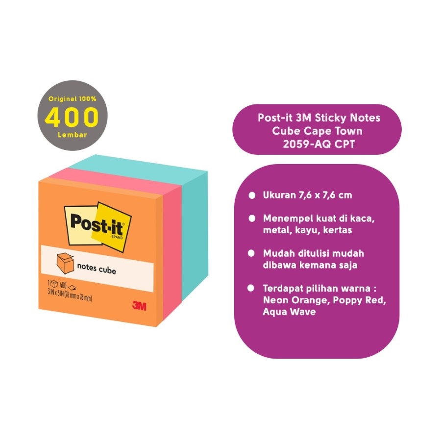 Ktmstore 3M Post-it Sticky Notes Cape Town 2059-AQ CPT 400lbr 3x3&quot; memo 400lbr