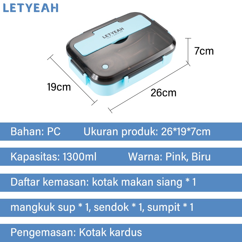 letyeah 1300ml Kotak makan 4 sekat anti tumpah /Lunch box stainless dengan mangkuk sup