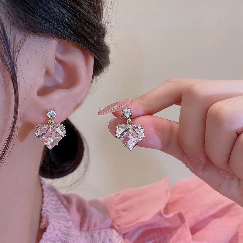 925jarum Perak Mewah Jarum Merah Muda Zirkon Anting Hati Mode Halus Kecil Anting Gesper Telinga