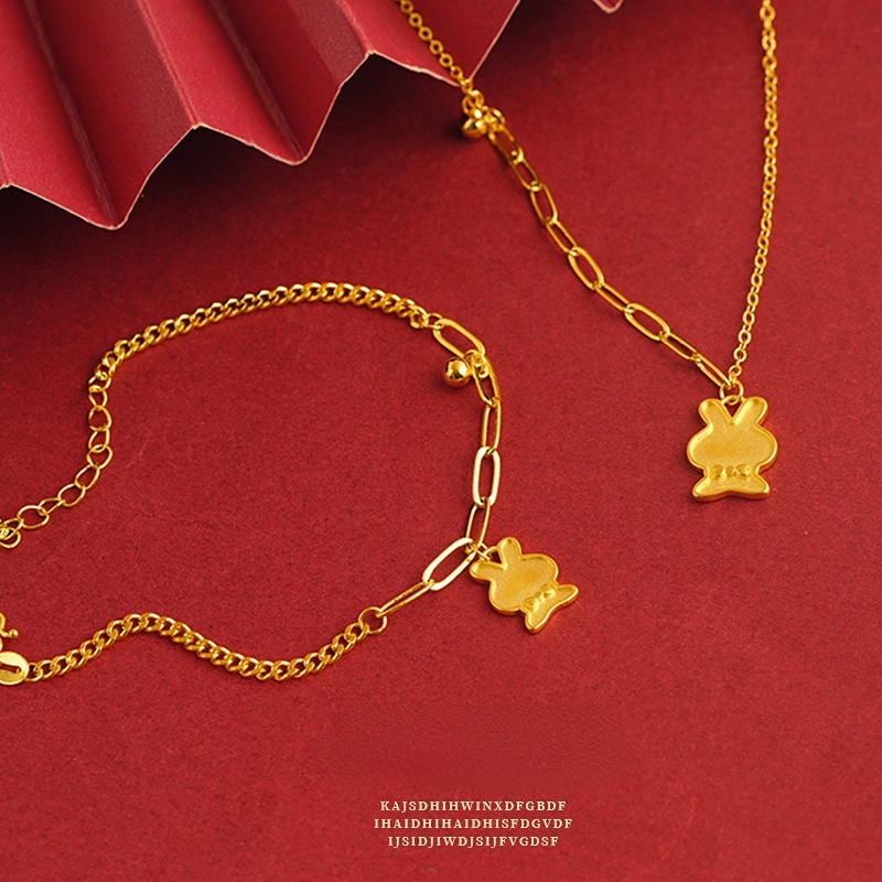 Goldkingdom Fashion Perhiasan Emas Asli Kadar 375 Bangkok Aksesoris Ready Stock Wanita Lucu Kartun Kelinci Kecil Gelang Minimalis Mewah Liontin Klavikula Kalung