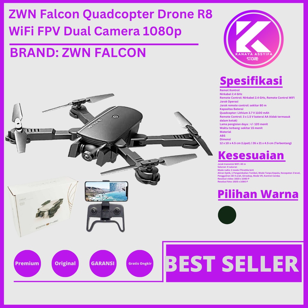 Murah Bergaransi ZWN Falcon Quadcopter Drone R8 WiFi FPV Dual Camera 1080p - 1808