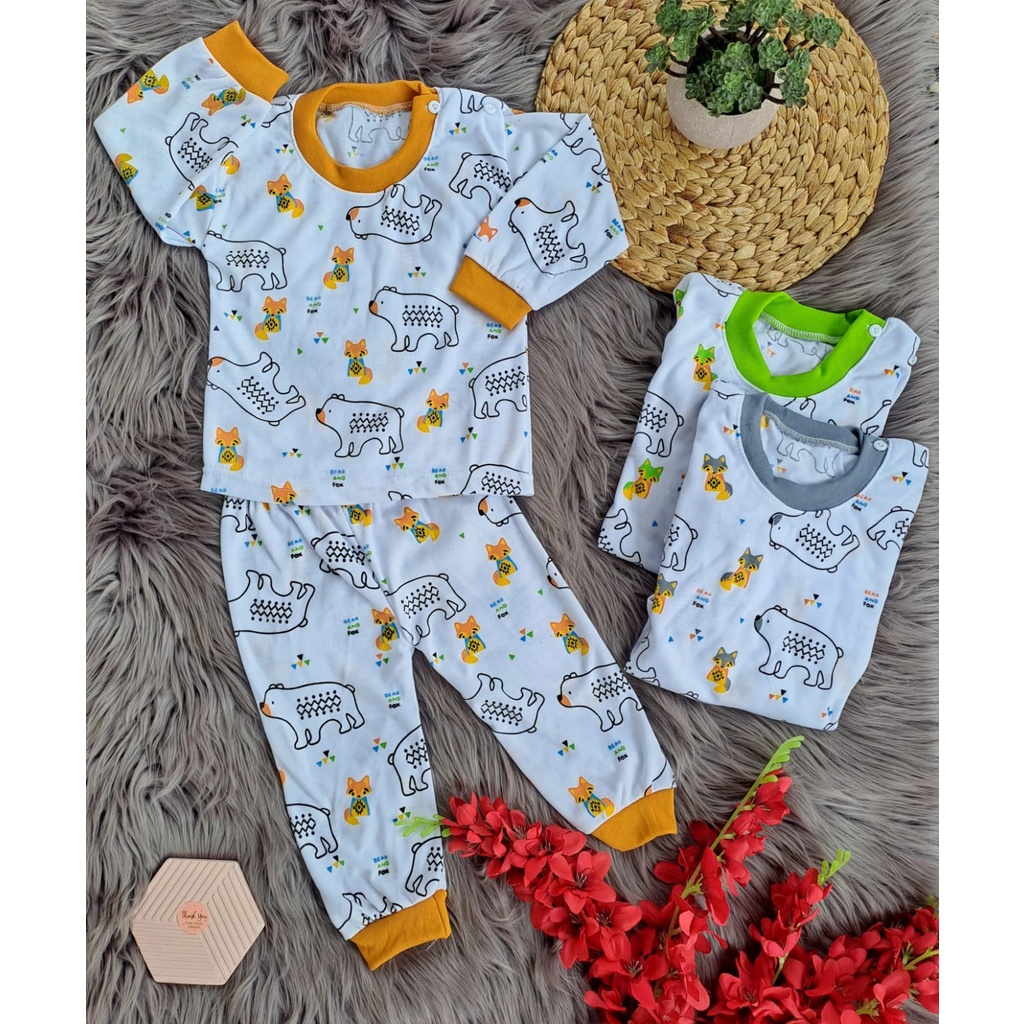 stelan baju bayi laki laki perempuan lucu murah motif BEAR AND FOX 3-18 bulan