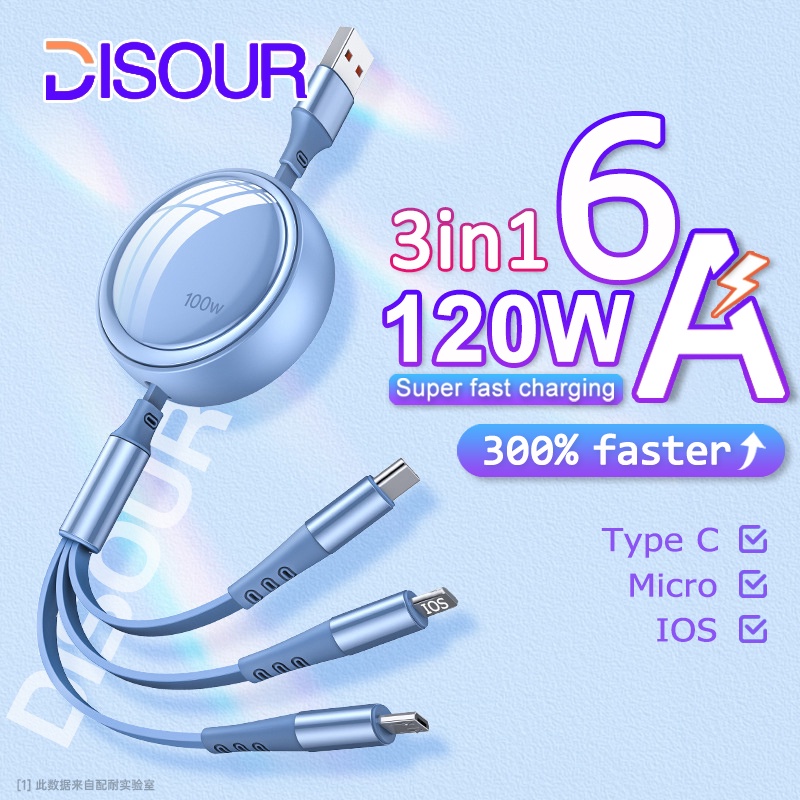 6a 100W Kabel USB Ditarik Portabel 3in1 USB Cable Micro Type C Kabel Pengisian Cepat