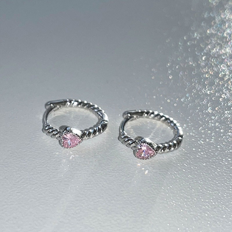 AY(CN) Anting Bentuk Hati Kristal Pink Anting Hoop Korea Silver Untuk Aksesoris Perhiasan Wanita