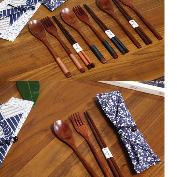 Stok Baru Set Sendok Kayu Korea Jepang/ Set alat makan kayu Korea dengan Pouch kain/ Set sendok garp
