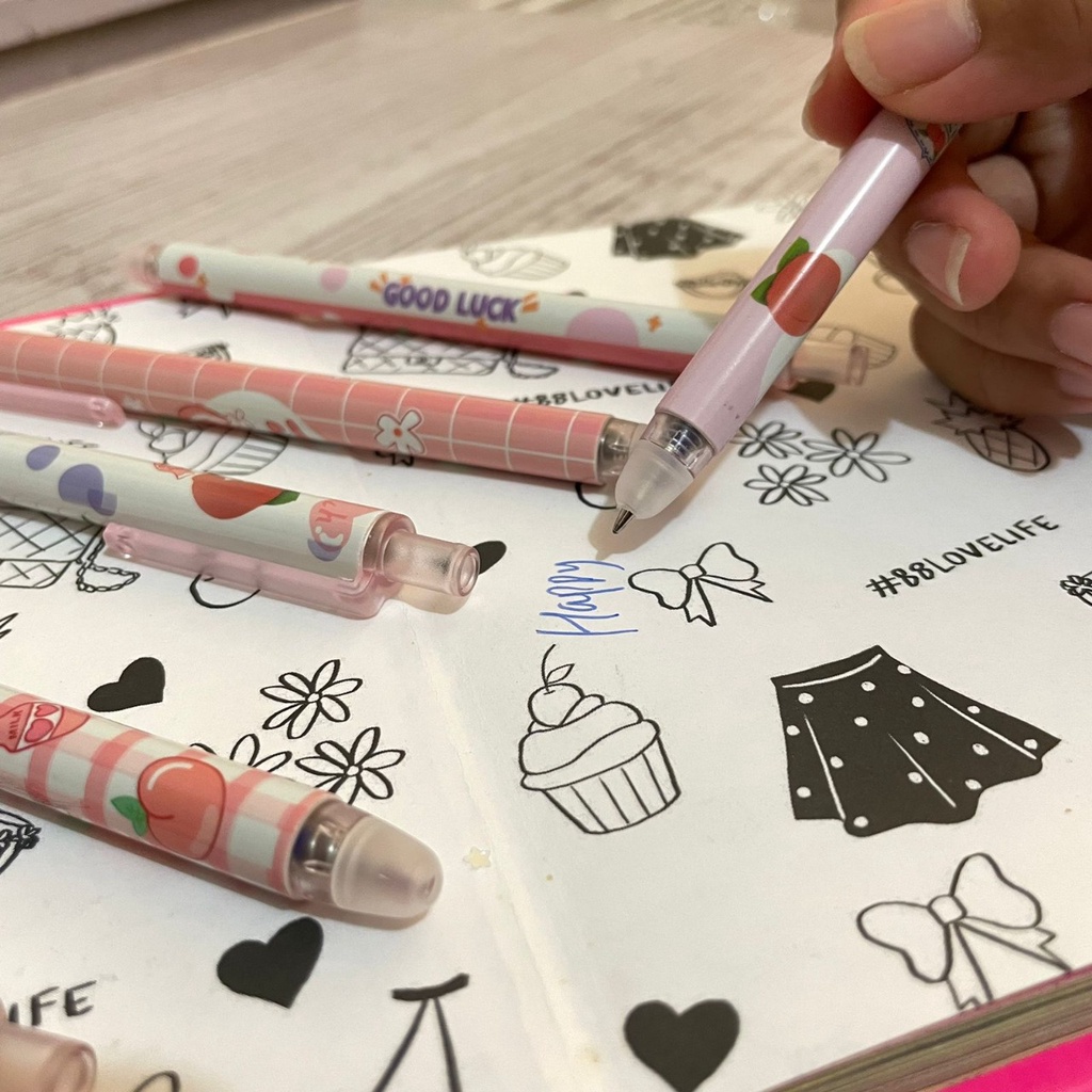 PULPEN CETEK ERASABLE MOTIF PEACH CUTE 1 PACK ISI 6 PCS HARGA TERMURAH PEN CETEK MEKANIK GAMBAR BUAH PEACH IMUT LUCU ALAT TULIS FANCY SEKOLAH DAN KANTOR READY GROSIR DAN COD