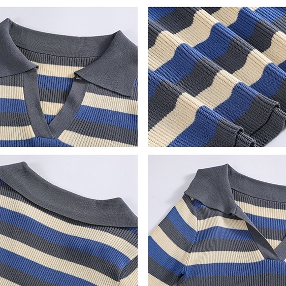 YIU YIU Rajut - Atasan Knit Wanita Lengan Panjang Korean Style V-neck Inner Stripe Top