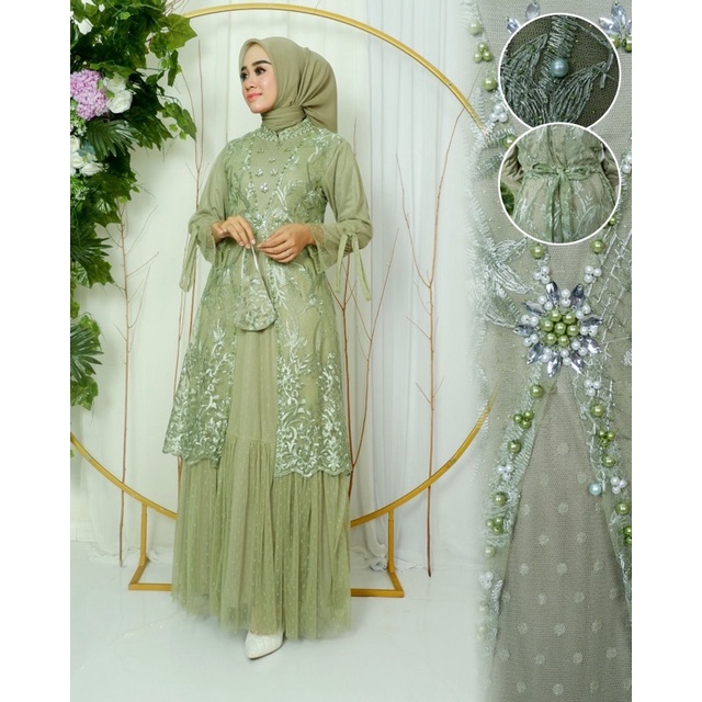 GAMIS NAIMA MIX TILLE TUTU TANGAN TEROMPET PAKAI TALI PINGGANG - OUTFIT KONDANGAN DAN PESTA - KEBAYA TULLE BORDIR-GAMIS TUTU MEWAH