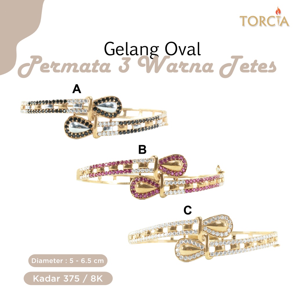 Gelang Oval Emas Asli Permata 3 Warna Tetes Kadar 375 Torcia