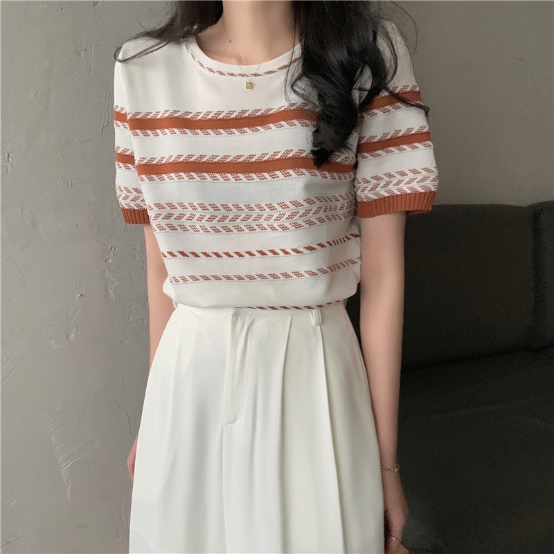 XIAOZHAINV Korean Style Stripe Kaos Atasan Wanita 0398