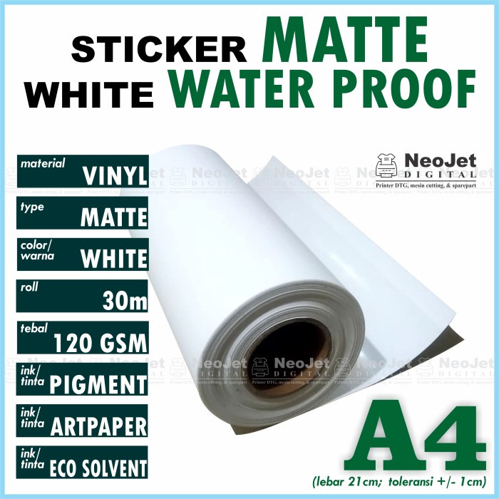 

Stiker Sticker Vinyl Matte Inkjet Water Proof Doff Doft Mate A4 Putih