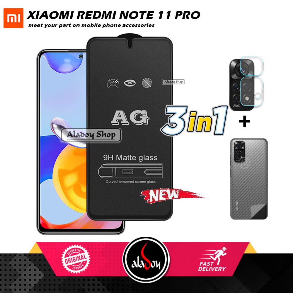 Paket 3IN1 Tempered Glass Layar Matte Anti Glare XIAOMI REDMI NOTE 11 PRO Free Tempered Glass Camera dan Skin Carbon