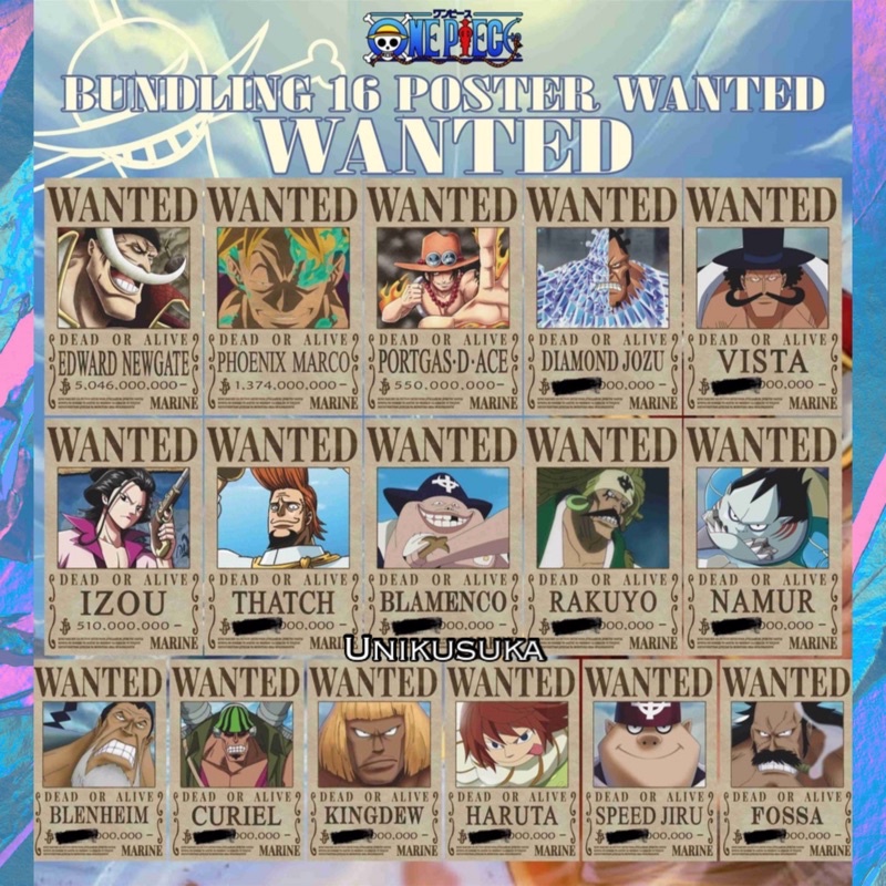 [UNIKUSUKA] POSTER ONE PIECE BOUNTY WANTED WHITE BEARD PIRATES SHIROHIGE 16 POSTER ANIME MANGA TEBAL