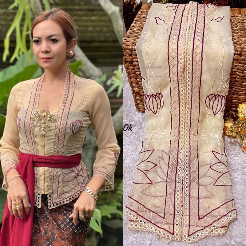 Kain bordir sutra creff premium motif bunga lotus | bahan kebaya bali bordir kerawang