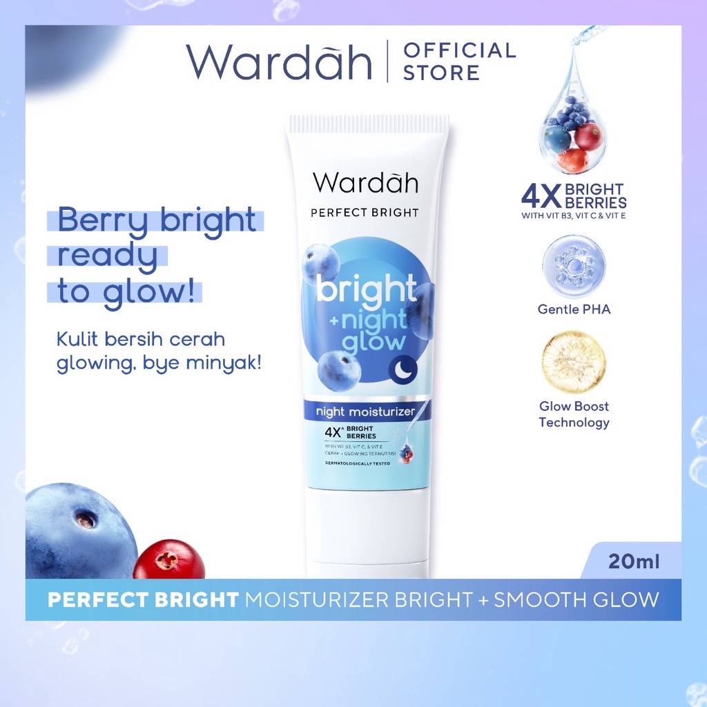 WARDAH Perfect Bright Night Moisturizer Bright + Night Glow Indonesia / Pelembab Wajah 20ml / 4X Bright Berries / With Vit B3 C E / Cerah + Glowing Ternutrisi / Skincare Face Care Series Facial Cream Melembabkan Berminyak Halus Brightening Glowing Hidrasi