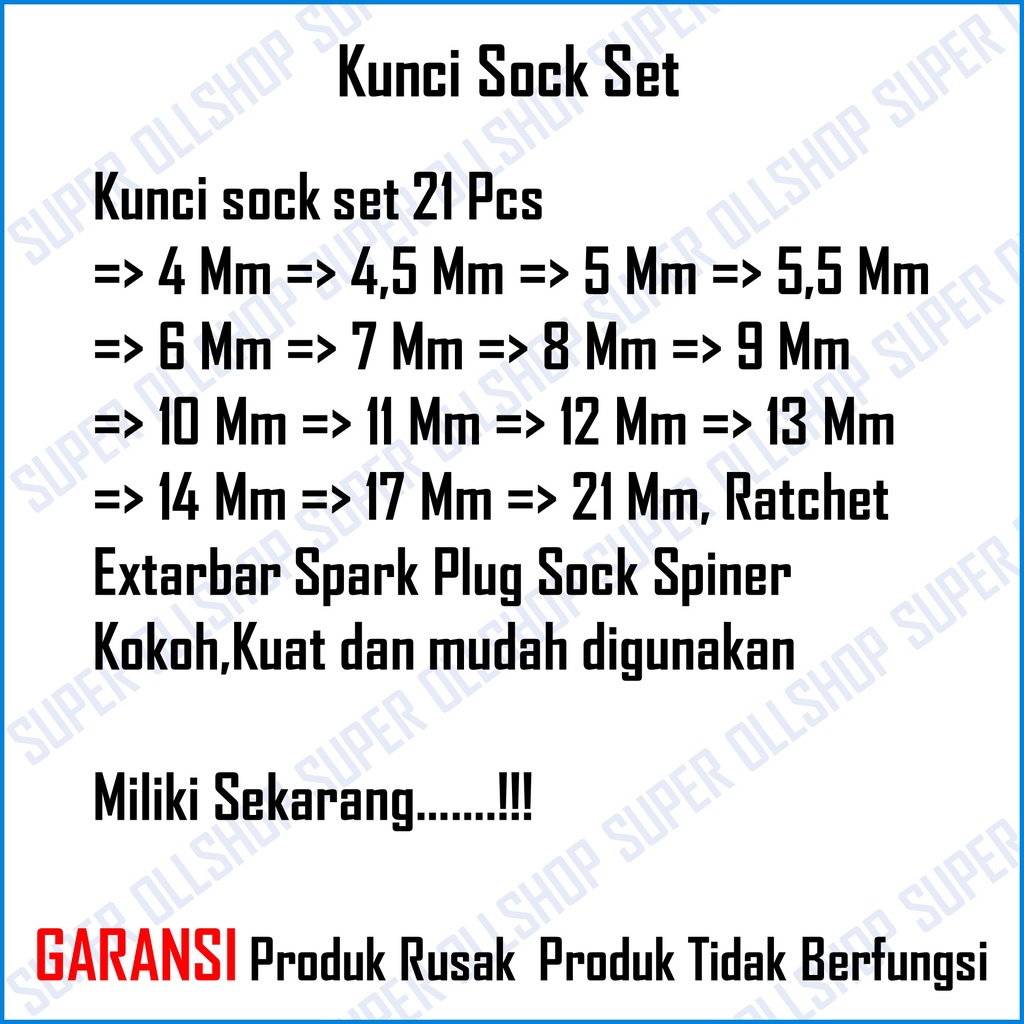 Kunci Sock Sok Set 21 Pcs / Kunci Shock Sock Hand Socket Sok Set 21 Pcs 4 MM - 21 MM / Kunci Shock Sock Sok Ratchet Set 21 Pcs Murah