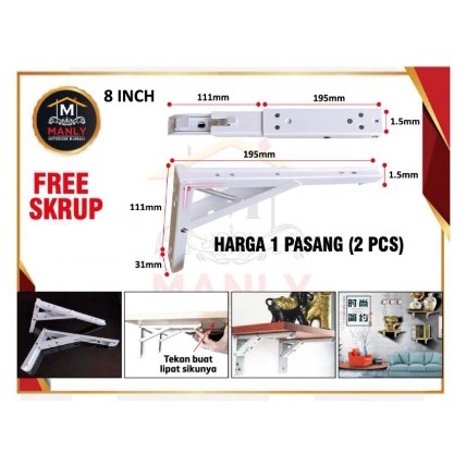 Siku Rak Lipat Per  20 cm 8 inch / Bracket Siku Rak Lipat / Engsel Ambalan Lipat..Kwalitas Terbaik