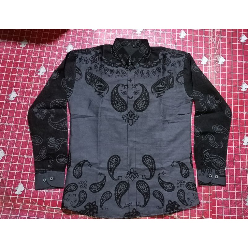 KEMEJA BATIK PRIA KAWONG HITAM ABU SLIMFIT LAPIS FURING