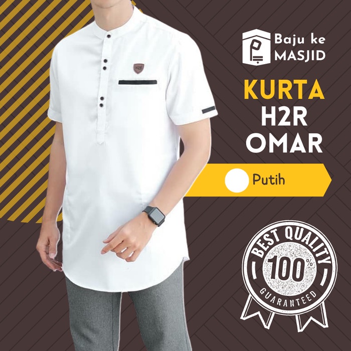 ⭐BISA COD⭐ Pakaian Baju muslim kurta kemeja koko lengan pendek pria laki H2R Omar - Putih, M