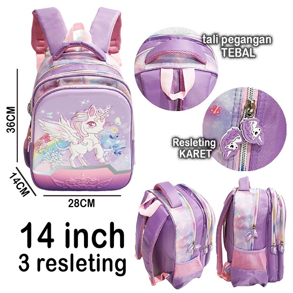 PROMO 10.10 RANSEL UKURAN SEDANG * TAS ANAK SEKOLAH BARU PEREMPUAN SD 14&quot; GAMBAR UNICORN TIMBUL EMBOS KUCING PITA 3RES LILAC IMPORT ( OSH COOL LITTLE GOLD  PILIHAN VARIAN )