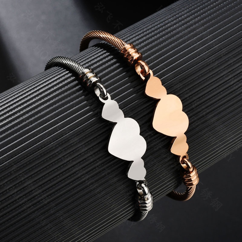 Trendy Gelang Cuff Tiga Hati Stainless Steel Warna Emas Perak Lady Girl Elegan