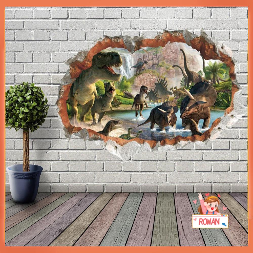 R-bunga Dinding Decals Dinosaurus Hutan 3D Smashed Wall Arts Dinosaurus Dinding Mural