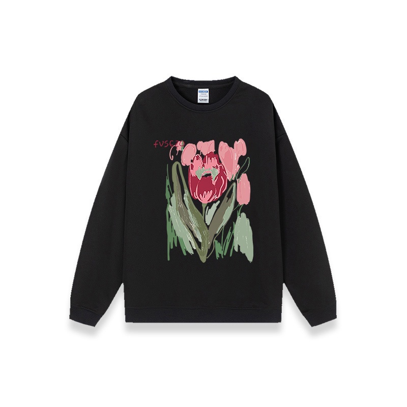 sweter oversize wanita retro rose graphic printing sweater hitam kekinian lengan panjang copule sweater motif