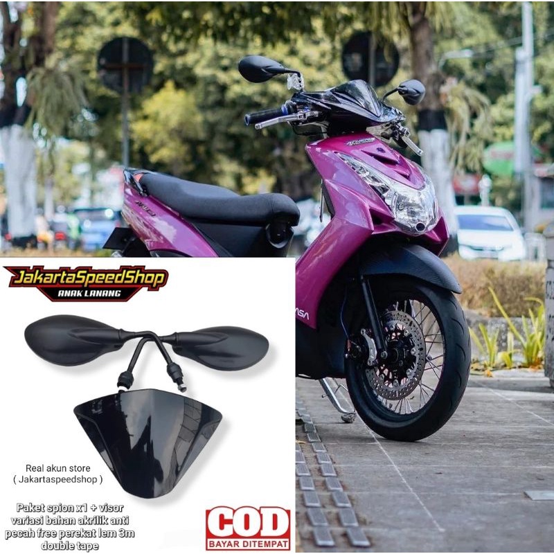 Paket variasi spion x1 plus visor variasi universal pnp mio soul karbu mio soul lama bahan anti pecah warna hitam kilap free perekat lem 3m