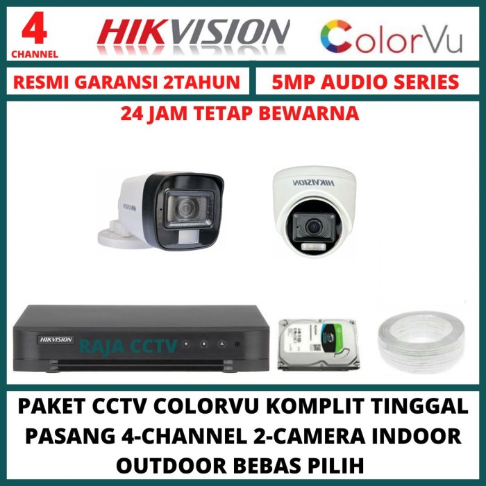 PAKET CCTV HIKVISION 5MP COLORVU COLORFUL 4 CHANNEL 2 KAMERA TURBO HD AUDIO 3K SIANG MALAM WARNA