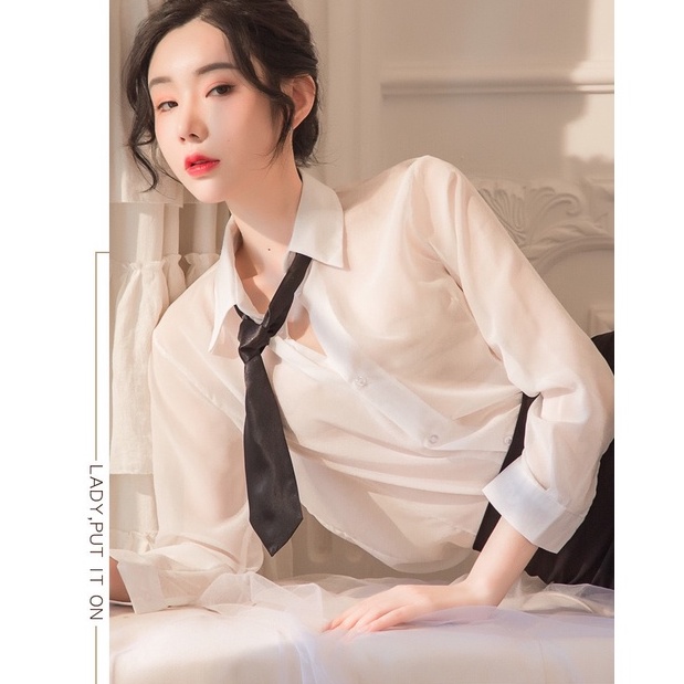 Lingerie Wanita Seragam Sekretaris Cosplay seragam kemeja transparan lengan panjang A356-1