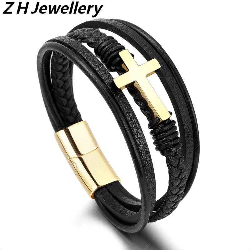 [Z H Perhiasan] Hip Hop Rock Retro Pria Fashion Stainless Steel Kulit Salib Gelang Pesta Perhiasan Aksesoris