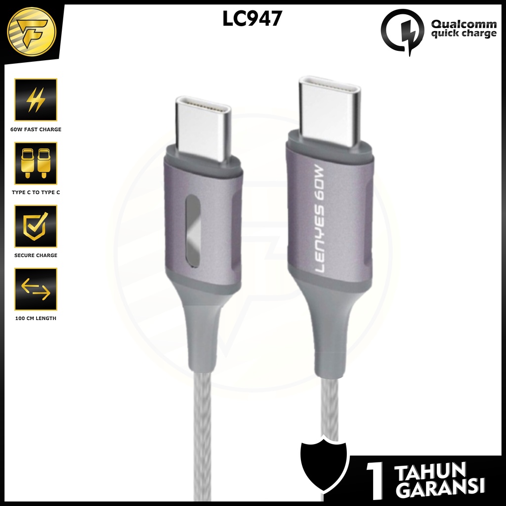 LENYES LC947 kabel data PD 60W Fast Charging QC 3.0 Type C to Type C kabel cas charger 1meter  Nylon original