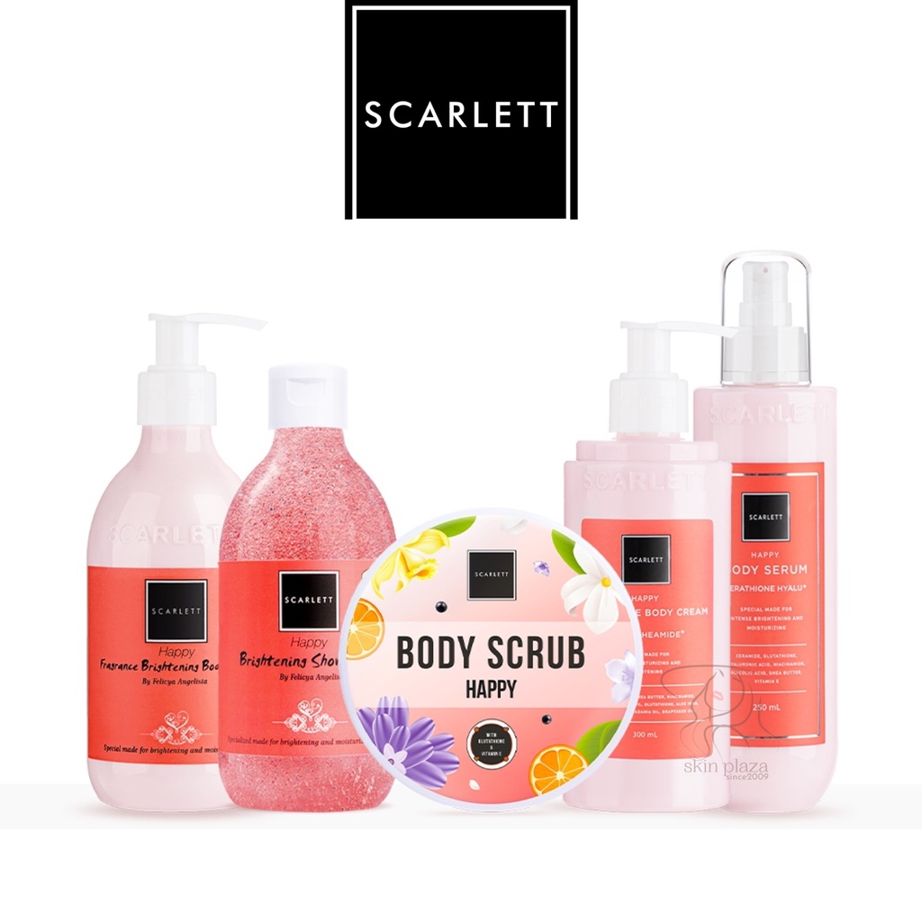 Scarlett Whitening Happy Series Body Lotion Cream Serum Shower Scrub Lulur Sabun Mandi BPOM